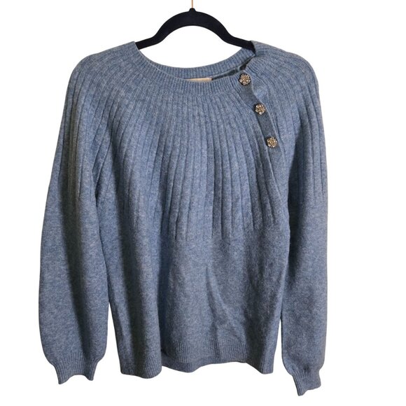 J.Crew Blue Ribbed Rhinestone Button Balloon Sleeve Sweater Size S - Picture 2 of 10
